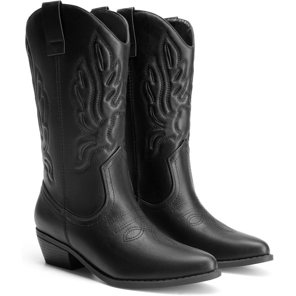 Women's Black Mid Calf Western Embroidery Stitched Faux Leather Cowgirl Boots - Picture 3 of 8